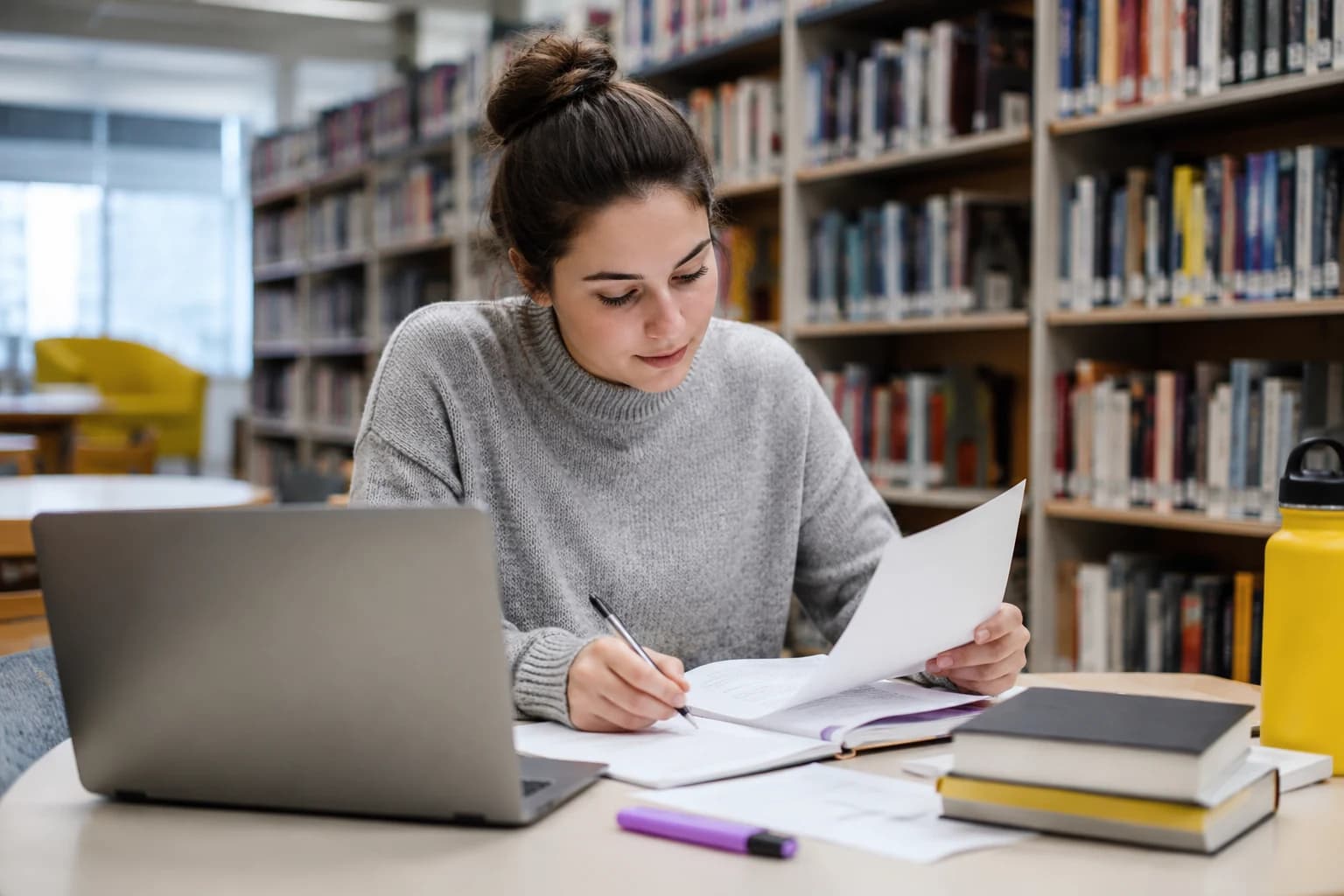 Focused student studying in a calm library with books and notes.
