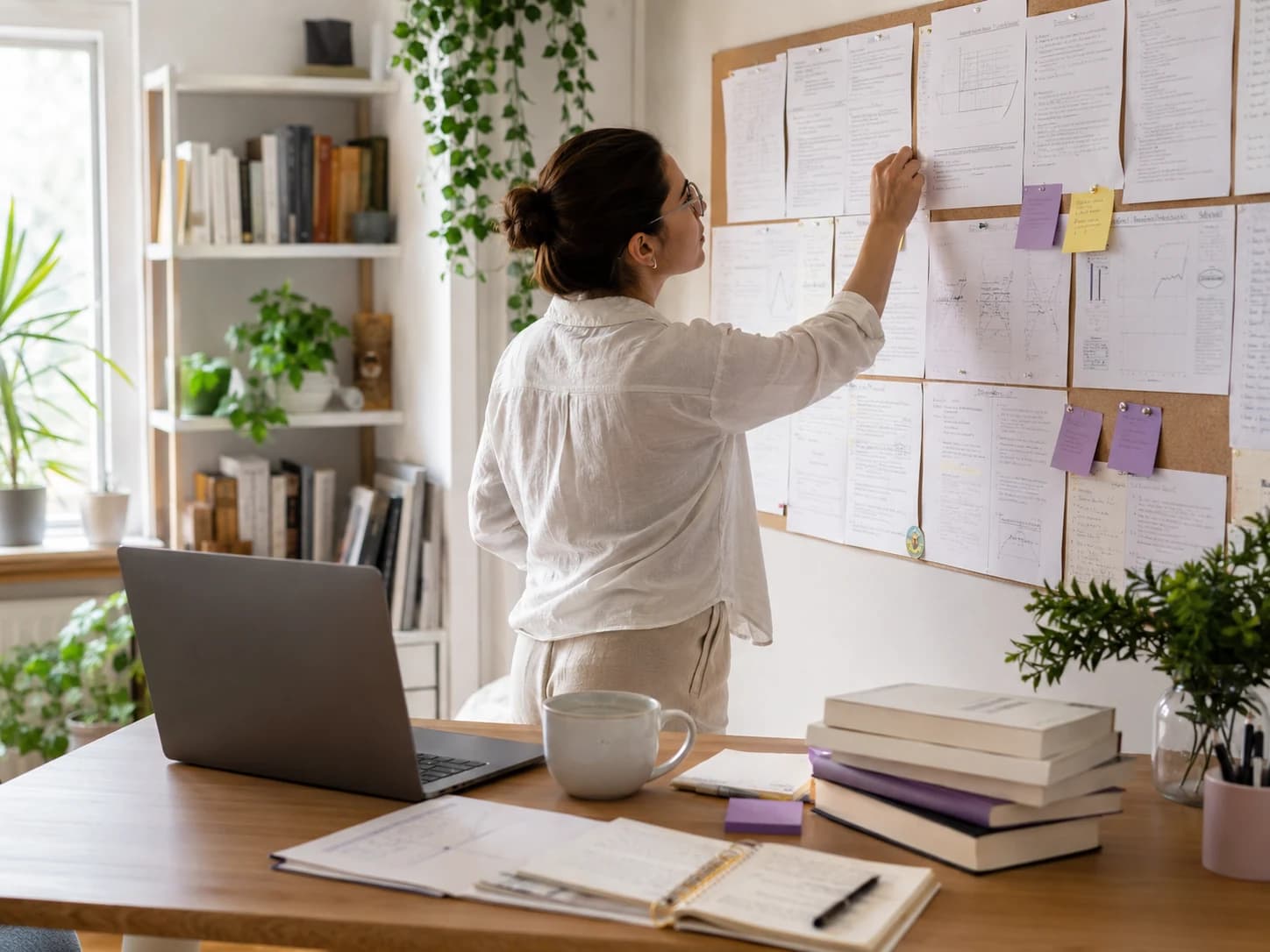 Student organizing research notes and planning materials on a wall.